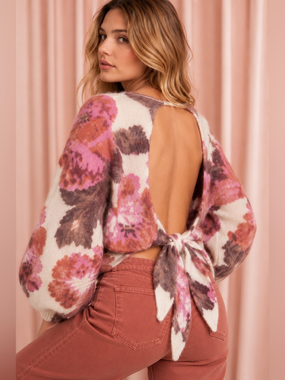 Sezane Open-Back Floral Tie-Back Sweater - Pink/Cream/Brown